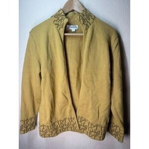 Reddisk Wool Cardigan Mustard Gold Open Front Sweater Jacket Aztec Detail Women